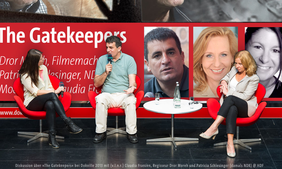 Diskussion über »The Gatekeepers« bei Dokville 2013 mit (v.l.n.r.) Claudia Franzen, Regisseur Dror Moreh und Patricia Schlesinger (damals NDR) @ HDF