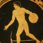 Abbildung einer antiken griechischen Keramik mit olympischen Illustration