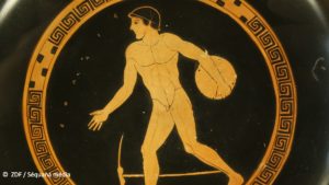 Abbildung einer antiken griechischen Keramik mit olympischen Illustration