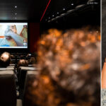 Zwei Fotos von der Kino-Premiere von ROBIN BANK in Stuttgart. Links sieht man Enric Duran, der digital zugeschaltet wird und auf der Kinoleinwand zu sehen ist. Rechts sieht man ein Handy mit einem Chatverlauf mit Enric Duran, der ihm mitteilt, dass er auf der Leinwand zu sehen ist und das Publikum den Dokumentarfilm gesehen hat © Indi Film