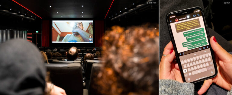 Zwei Fotos von der Kino-Premiere von ROBIN BANK in Stuttgart. Links sieht man Enric Duran, der digital zugeschaltet wird und auf der Kinoleinwand zu sehen ist. Rechts sieht man ein Handy mit einem Chatverlauf mit Enric Duran, der ihm mitteilt, dass er auf der Leinwand zu sehen ist und das Publikum den Dokumentarfilm gesehen hat © Indi Film