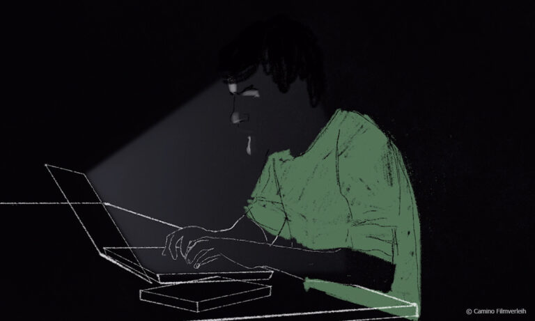 Filmstill aus ROBIN BANK. Abgebildet ist eine Animation, die hauptsächlich schwarz gehalten ist und nur Konturen eines Menschen im grünen T-Shirt zeigt, der an einem Laptop arbeitet. © Camino Filmverleih
