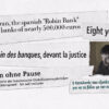 Filmstill aus ROBIN BANK. Abgebildet ist ein Foto von Enric Duran sowie mehrere Schlagzeilen, die wie aus einer Zeitung ausgerissen stilisiert dargestellt werden © Camino Filmverleih