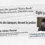 Filmstill aus ROBIN BANK. Abgebildet ist ein Foto von Enric Duran sowie mehrere Schlagzeilen, die wie aus einer Zeitung ausgerissen stilisiert dargestellt werden © Camino Filmverleih