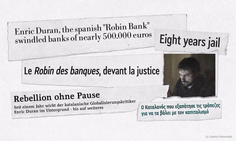 Filmstill aus ROBIN BANK. Abgebildet ist ein Foto von Enric Duran sowie mehrere Schlagzeilen, die wie aus einer Zeitung ausgerissen stilisiert dargestellt werden © Camino Filmverleih