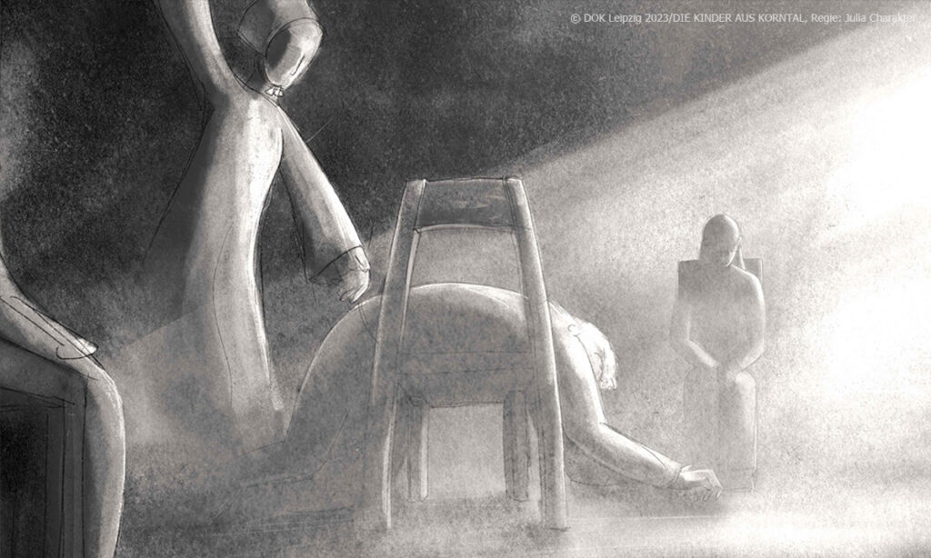 Filmstill aus DIE KINDER AUS KORNTAL. Man sieht ein animiertes Bild in Schwarz-Weiß, das eine körperliche Züchtigung einer Person zeigt. Diese liegt über einem Stuhl. Im Raum sind weitere Personen, die auf Stühlen sitzen. Eine Person ist frontal abgebildet und hält den Blick gebeugt und die Hände zwischen den Knien gefaltet. (Credit: DOK Leipzig 2023/Regie: Julia Charakter)